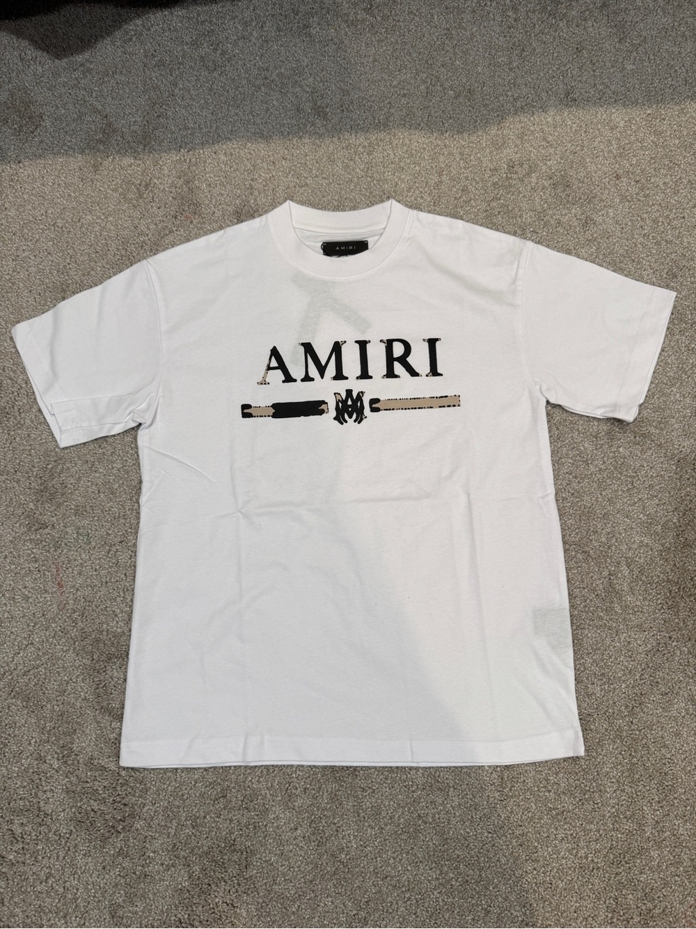 AMIRI White T-Shirt with Black Logo and Tan Detail